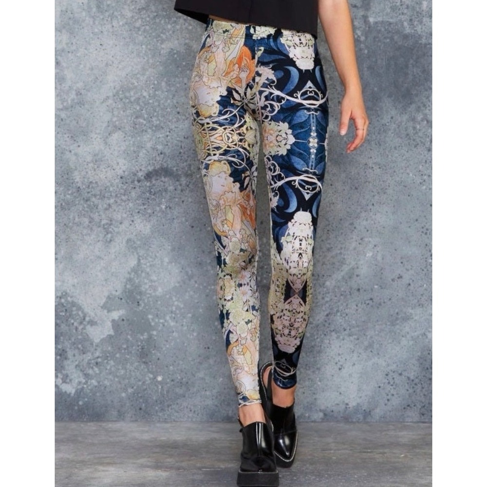 BlackMilk Mucha Black Leggings Art Nouveau Print Floral High Waist Size L